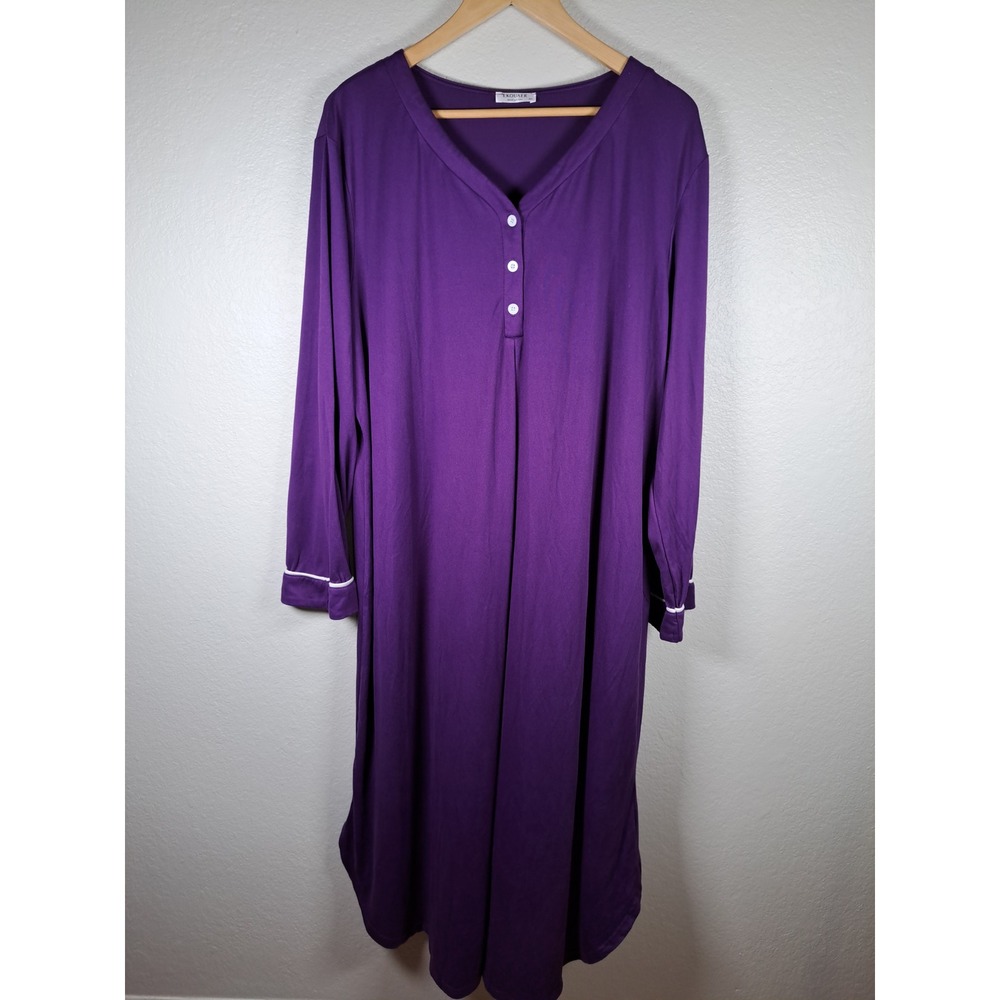 Ekouaer Purple Long Sleeve Henley Nightgown Sleep Shirt 3XL